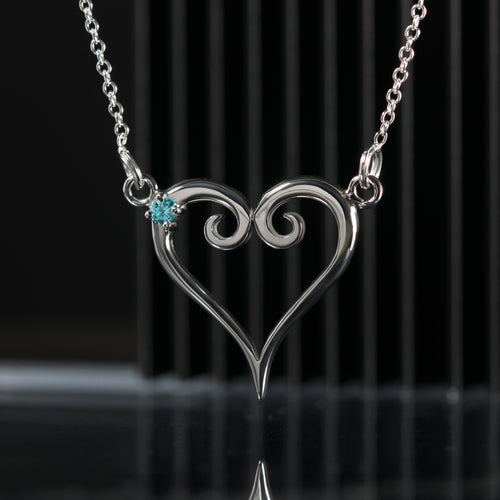 Silver heart necklace with aquamarine stone – Kokoro Necklace