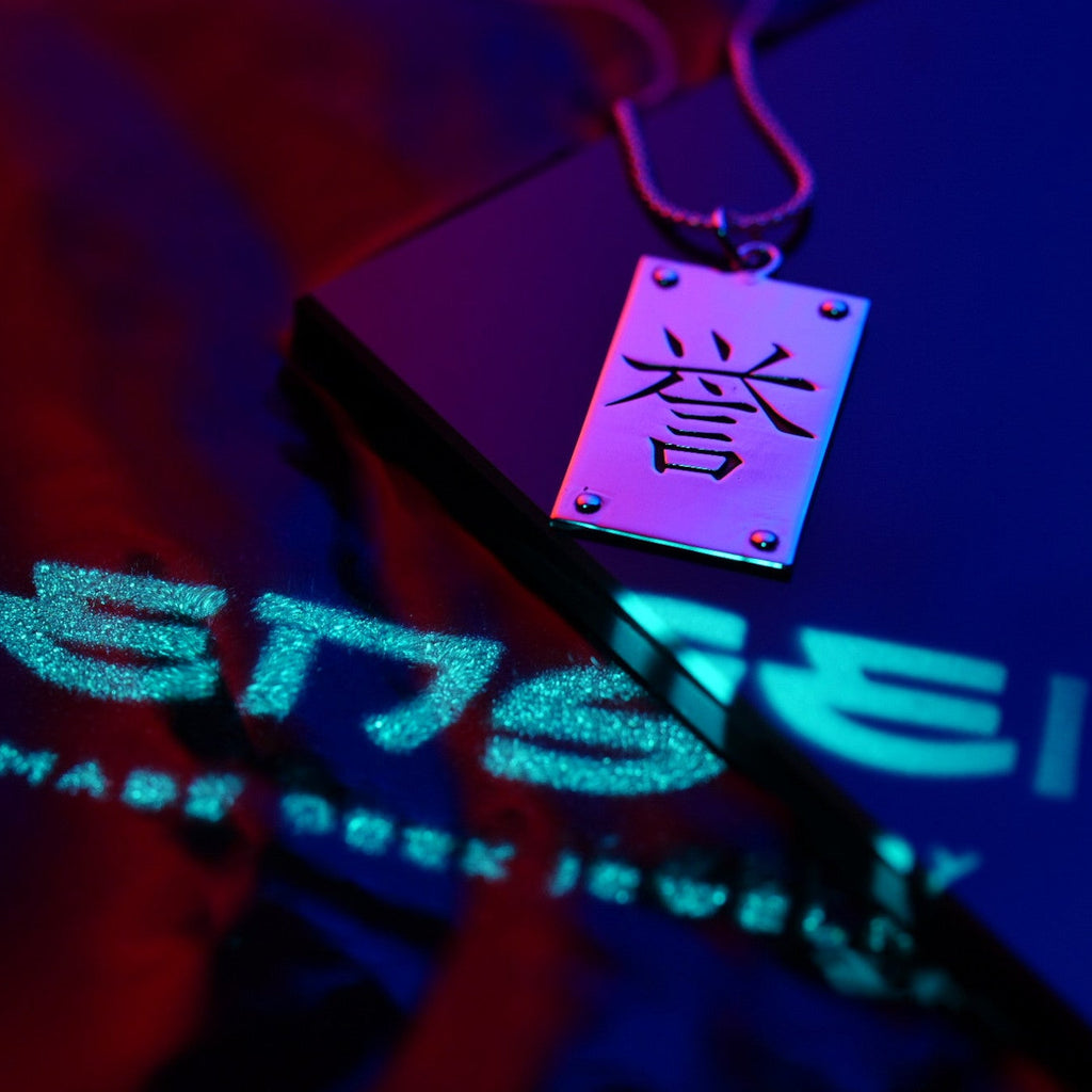 Kanji necklace worn – sterling silver pendant