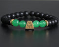 Tsuchi Bracelet en plata de ley con símbolo de tierra bañado en oro, ónix negro y cuentas de ágata verde