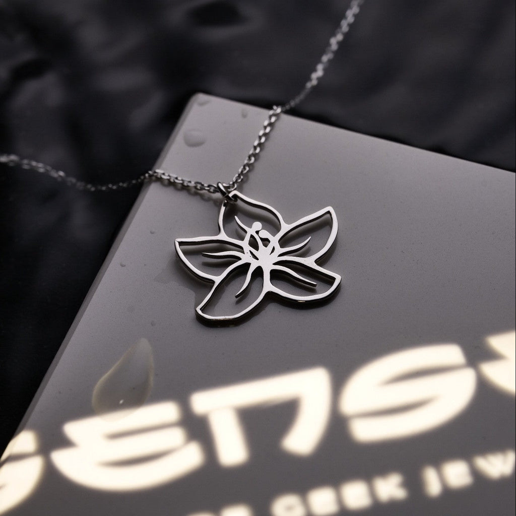 Close-up of lunar tear flower pendant in sterling silver